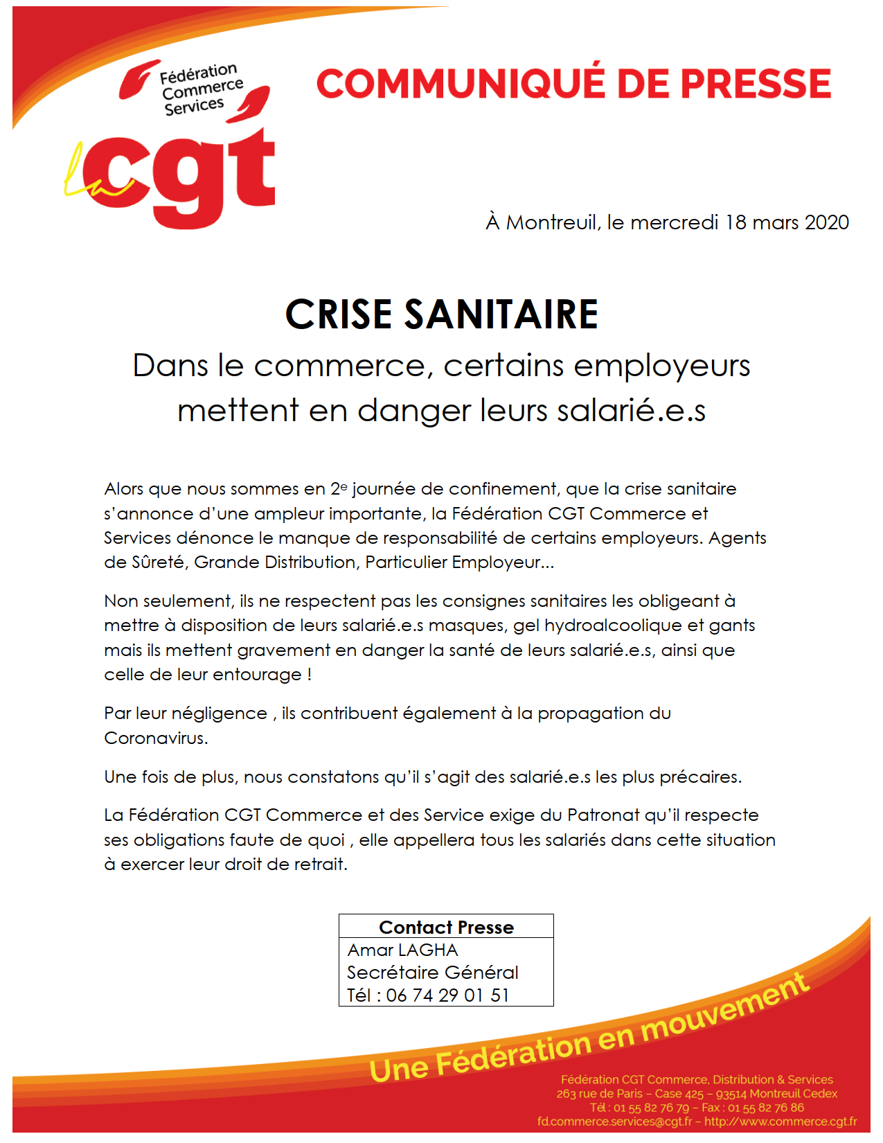 Communiqué de presse de la CGT Commerce sur la Crise Sanitaire